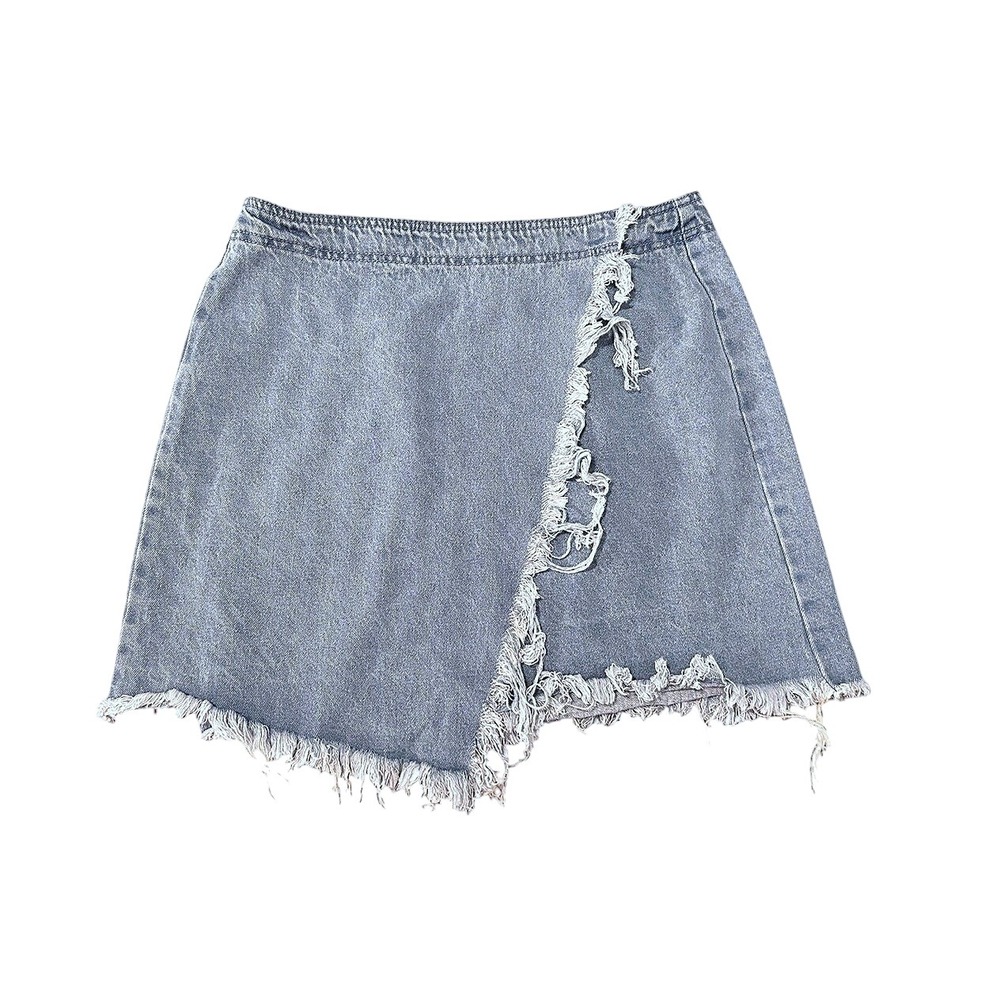 Light Wash Distressed Frayed Raw Hem Denim Wrap Mini Skirt MEDIUM